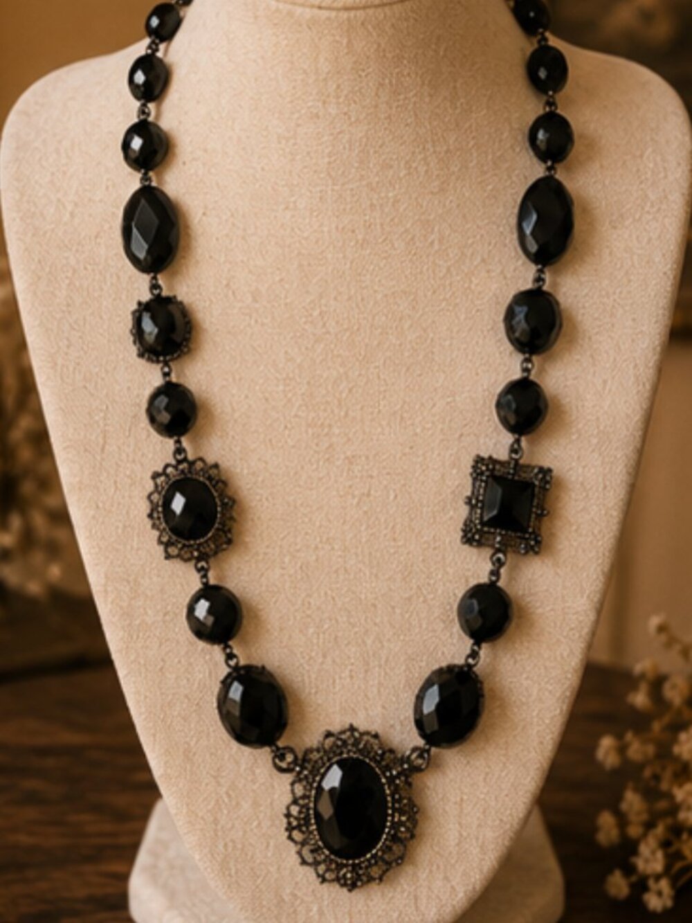 Vintage Black Statement Necklace with Faceted Beads